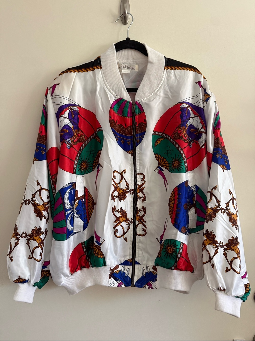 80s 90s Satin Bomber Jacket Hot Air Balloon Cherubs Vintage Shoulder Pads Hawaii